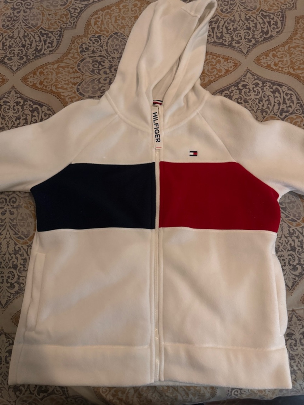 Tommy Hilfiger Adult Hooded Colorblock Fleece Zip Jacket - White/Red/Navy